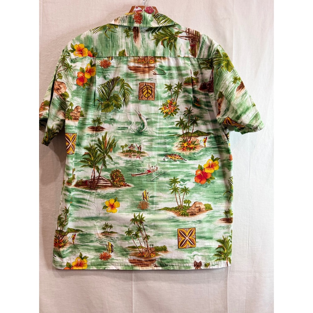 RJC Hawaiian Shirt Mens Medium Green Scenic Hula Canoe Made in Hawaii USA - Picture 6 of 9